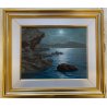 QUADRO DIPINTO OLIO Seassaro PAESAGGIO MARINO NOTTURNO LUNA PIENA PROMONTORIO