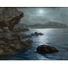 QUADRO DIPINTO OLIO Seassaro PAESAGGIO MARINO NOTTURNO LUNA PIENA PROMONTORIO