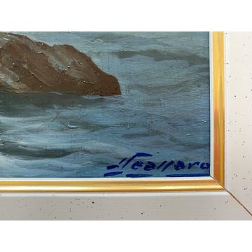QUADRO DIPINTO OLIO Seassaro PAESAGGIO MARINO NOTTURNO LUNA PIENA PROMONTORIO