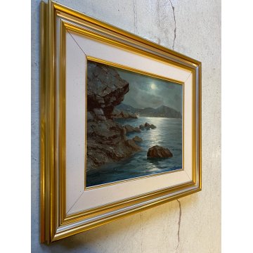 QUADRO DIPINTO OLIO Seassaro PAESAGGIO MARINO NOTTURNO LUNA PIENA PROMONTORIO