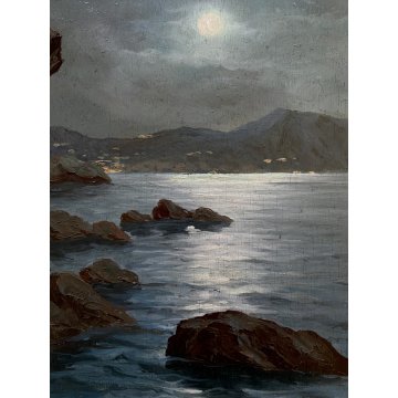QUADRO DIPINTO OLIO Seassaro PAESAGGIO MARINO NOTTURNO LUNA PIENA PROMONTORIO