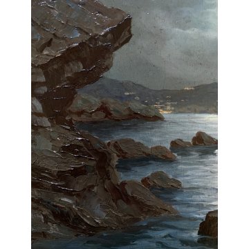 QUADRO DIPINTO OLIO Seassaro PAESAGGIO MARINO NOTTURNO LUNA PIENA PROMONTORIO