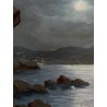 QUADRO DIPINTO OLIO Seassaro PAESAGGIO MARINO NOTTURNO LUNA PIENA PROMONTORIO