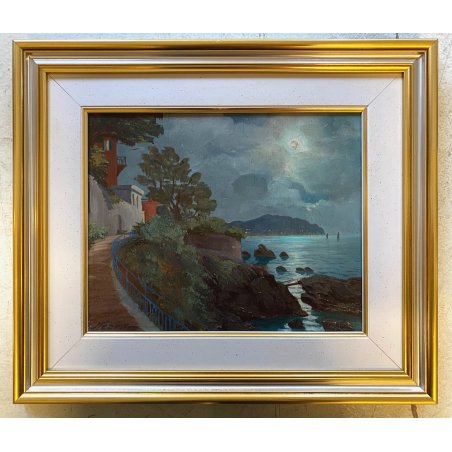QUADRO DIPINTO OLIO Seassaro PAESAGGIO MARINO NOTTURNO LUNA PIENA BORGO LIGURE