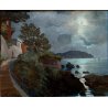 QUADRO DIPINTO OLIO Seassaro PAESAGGIO MARINO NOTTURNO LUNA PIENA BORGO LIGURE
