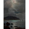 QUADRO DIPINTO OLIO Seassaro PAESAGGIO MARINO NOTTURNO LUNA PIENA BORGO LIGURE