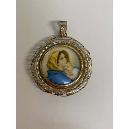 GRANDE MEDAGLIONE CIONDOLO CAPOCULLA MADONNA E BAMBINO RELIGIOSO LAMINA ARGENTO