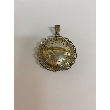 GRANDE MEDAGLIONE CIONDOLO CAPOCULLA MADONNA E BAMBINO RELIGIOSO LAMINA ARGENTO