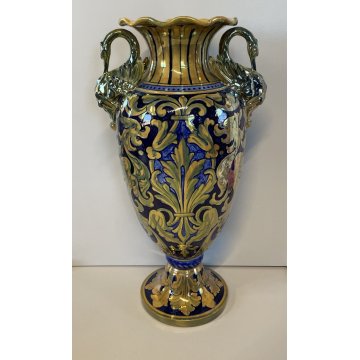 ANTICO VASO BIANSATO Gualdo Tadino CERAMICA MAIOLICA LUSTRO ORO BLU 41 cm/h