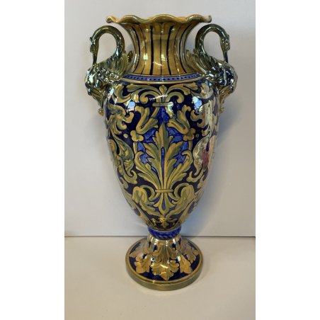ANTICO VASO BIANSATO Gualdo Tadino CERAMICA MAIOLICA LUSTRO ORO BLU 41 cm/h