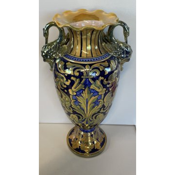 ANTICO VASO BIANSATO Gualdo Tadino CERAMICA MAIOLICA LUSTRO ORO BLU 41 cm/h
