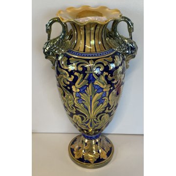 ANTICO VASO BIANSATO Gualdo Tadino CERAMICA MAIOLICA LUSTRO ORO BLU 41 cm/h