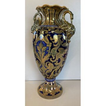 ANTICO VASO BIANSATO Gualdo Tadino CERAMICA MAIOLICA LUSTRO ORO BLU 41 cm/h