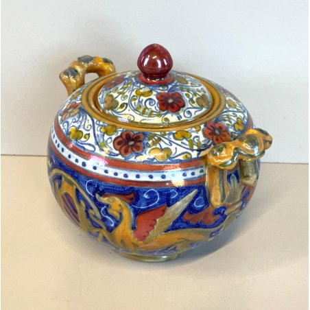 ANTICA TEIERA ZUCCHERIERA Gualdo Tadino CERAMICA MAIOLICA LUSTRO ORO BLU ø 14 cm