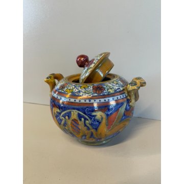 ANTICA TEIERA ZUCCHERIERA Gualdo Tadino CERAMICA MAIOLICA LUSTRO ORO BLU ø 14 cm
