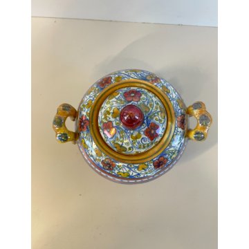 ANTICA TEIERA ZUCCHERIERA Gualdo Tadino CERAMICA MAIOLICA LUSTRO ORO BLU ø 14 cm