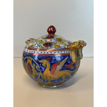 ANTICA TEIERA ZUCCHERIERA Gualdo Tadino CERAMICA MAIOLICA LUSTRO ORO BLU ø 14 cm