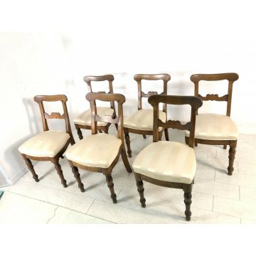 SET 6 ANTICA SEDIA IMBOTTITA CARABINIERE EPOCA 1800 LEGNO NOCE GAMBE TORNITE  