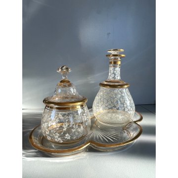 VINTAGE DRESSING TABLE SET 3 Pz VASSOIO BOTTIGLIA VASO VETRO ORO ZECCHINO '40