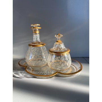 VINTAGE DRESSING TABLE SET 3 Pz VASSOIO BOTTIGLIA VASO VETRO ORO ZECCHINO '40