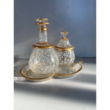 VINTAGE DRESSING TABLE SET 3 Pz VASSOIO BOTTIGLIA VASO VETRO ORO ZECCHINO '40