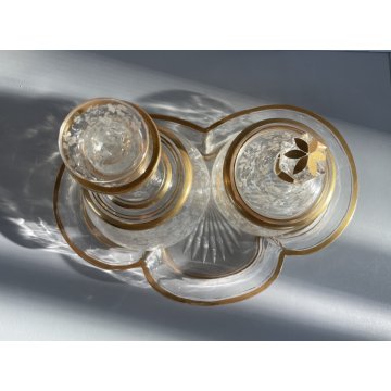 VINTAGE DRESSING TABLE SET 3 Pz VASSOIO BOTTIGLIA VASO VETRO ORO ZECCHINO '40