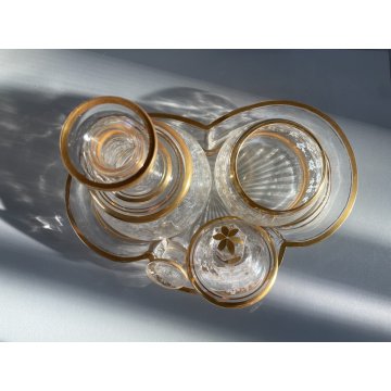 VINTAGE DRESSING TABLE SET 3 Pz VASSOIO BOTTIGLIA VASO VETRO ORO ZECCHINO '40