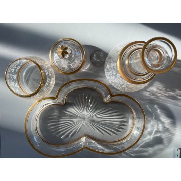 VINTAGE DRESSING TABLE SET 3 Pz VASSOIO BOTTIGLIA VASO VETRO ORO ZECCHINO '40