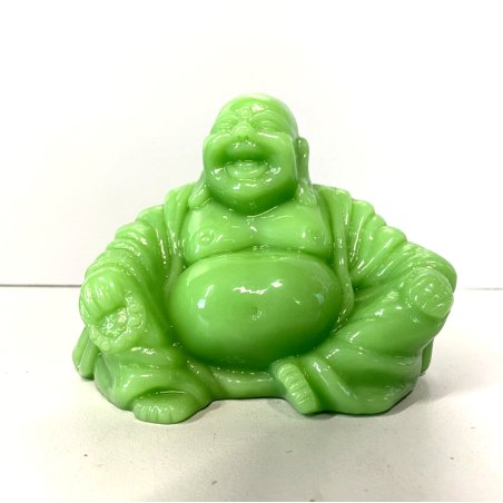 ANTICA SCULTURA BUDDHA MAITREYA PASTA di VETRO VERDE BUDDA CHE RIDE 9,3cm/h '900