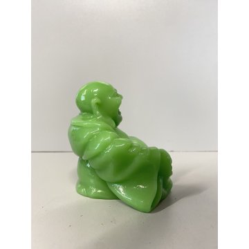 ANTICA SCULTURA BUDDHA MAITREYA PASTA di VETRO VERDE BUDDA CHE RIDE 9,3cm/h '900