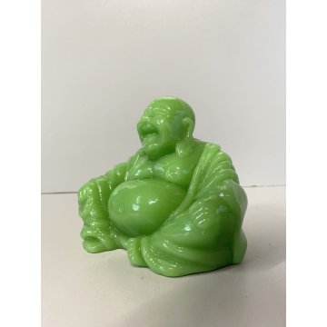 ANTICA SCULTURA BUDDHA MAITREYA PASTA di VETRO VERDE BUDDA CHE RIDE 9,3cm/h '900