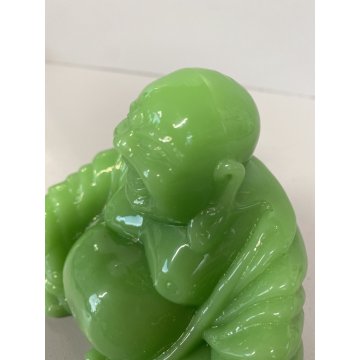 ANTICA SCULTURA BUDDHA MAITREYA PASTA di VETRO VERDE BUDDA CHE RIDE 9,3cm/h '900