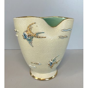 VASO CERAMICA VINTAGE APA Lina Poggi ALBISOLA PESCI ONDE VERDE 14 cm/h '50s