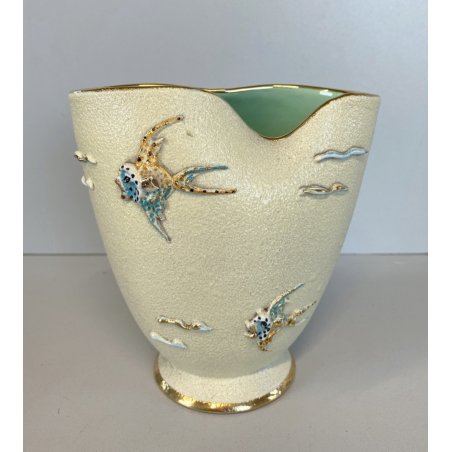 VASO CERAMICA VINTAGE APA Lina Poggi ALBISOLA PESCI ONDE VERDE 14 cm/h '50s
