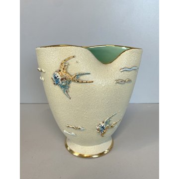 VASO CERAMICA VINTAGE APA Lina Poggi ALBISOLA PESCI ONDE VERDE 14 cm/h '50s