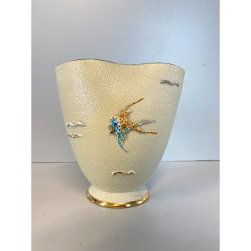 VASO CERAMICA VINTAGE APA Lina Poggi ALBISOLA PESCI ONDE VERDE 14 cm/h '50s