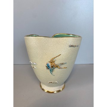 VASO CERAMICA VINTAGE APA Lina Poggi ALBISOLA PESCI ONDE VERDE 14 cm/h '50s