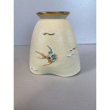 VASO CERAMICA VINTAGE APA Lina Poggi ALBISOLA PESCI ONDE VERDE 14 cm/h '50s
