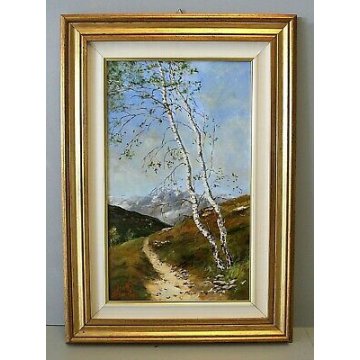 QUADRO DIPINTO OLIO Ernesto Pirotta PAESAGGIO MONTANO CON BETULLE LANDSCAPE 1985