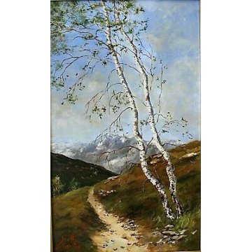 QUADRO DIPINTO OLIO Ernesto Pirotta PAESAGGIO MONTANO CON BETULLE LANDSCAPE 1985