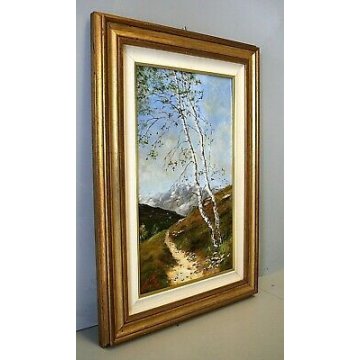 QUADRO DIPINTO OLIO Ernesto Pirotta PAESAGGIO MONTANO CON BETULLE LANDSCAPE 1985