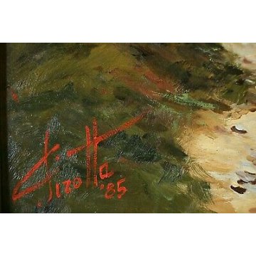 QUADRO DIPINTO OLIO Ernesto Pirotta PAESAGGIO MONTANO CON BETULLE LANDSCAPE 1985