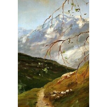 QUADRO DIPINTO OLIO Ernesto Pirotta PAESAGGIO MONTANO CON BETULLE LANDSCAPE 1985
