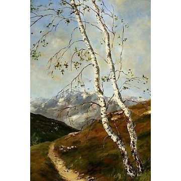 QUADRO DIPINTO OLIO Ernesto Pirotta PAESAGGIO MONTANO CON BETULLE LANDSCAPE 1985