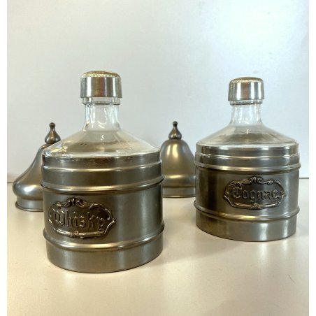 VINTAGE SET BARATTOLI Peltro INTERNO VETRO DECANTER ALCOLICI Whisky Cognac '60