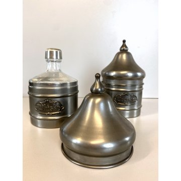 VINTAGE SET BARATTOLI Peltro INTERNO VETRO DECANTER ALCOLICI Whisky Cognac '60