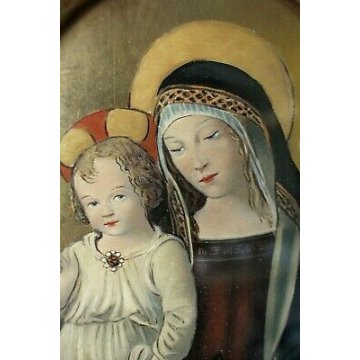  ANTICO DIPINTO OLIO su RAME OVALE RAMINO RITRATTO GESU' BAMBINO MARIA MADRE 900