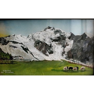 QUADRO ACQUERELLO Nardini Riccardo PAESAGGIO MONTAGNA BERNINA PASCOLO 1941 firma