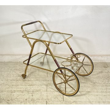 ANTICO CARRELLO BAR DESIGN PORTAVIVANDE ANNI 50 LEGNO OTTONE CARRELLINO VASSOIO
