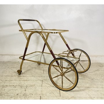 ANTICO CARRELLO BAR DESIGN PORTAVIVANDE ANNI 50 LEGNO OTTONE CARRELLINO VASSOIO